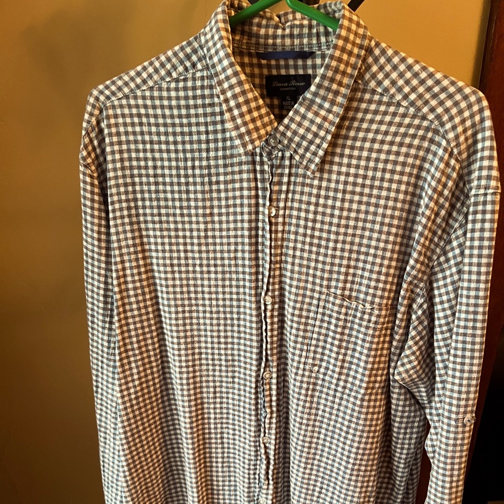 Linea Rosso blue, white, brown patterned linen shirt. Size XL